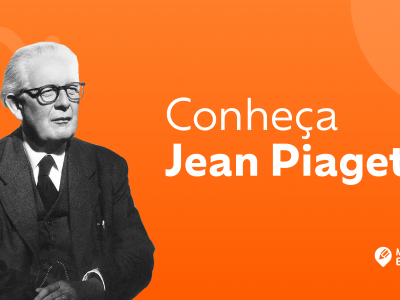 Imagem de Jean Piaget com fundo laranja e texto "Conheça Jean Piaget".