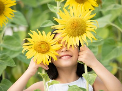 Menina brinca com girassóis na primavera