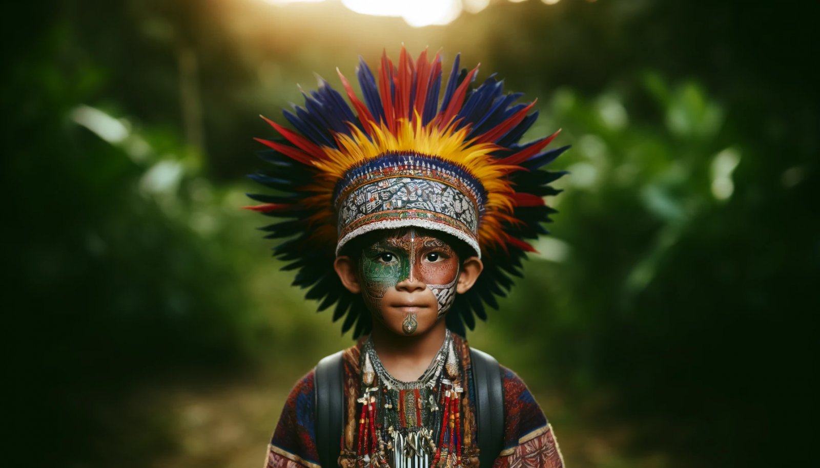 Criança indígena com pintura facial e cocar colorido.
