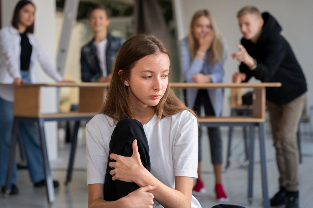 Adolescente isolada de amigos na escola. Ela está sofrendo bullying, um tipo de violência escolar. 